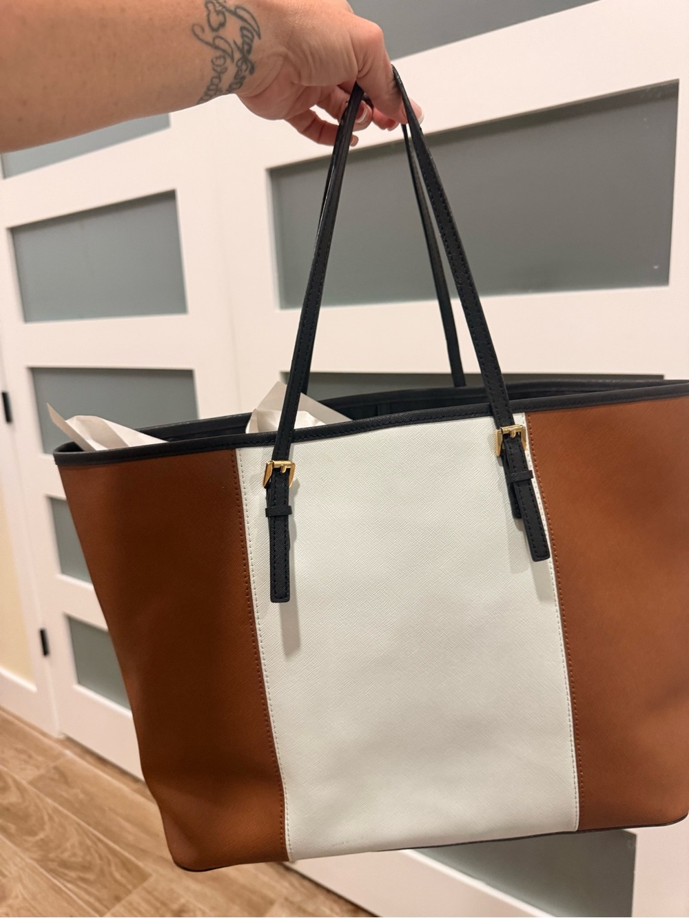 Michael Kors White, Brown & Black Colorblock Tote - Picture 2 of 11